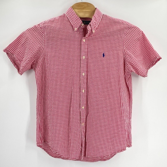 Ralph Lauren Mens Large Red White Gingham Seersucker Short Sleeve Button Down - Picture 2 of 9
